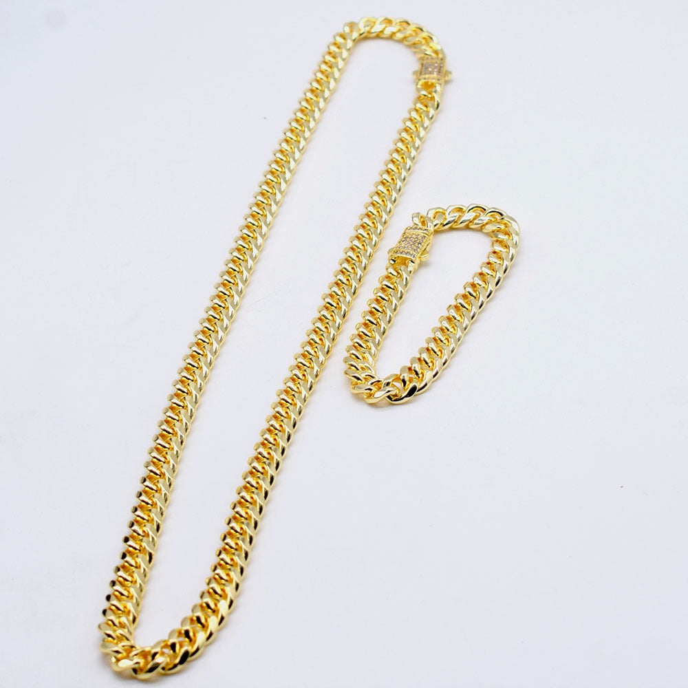 18k Layered Real Gold Plated hip hop cuben link set necklace bracelet icedout lock #187