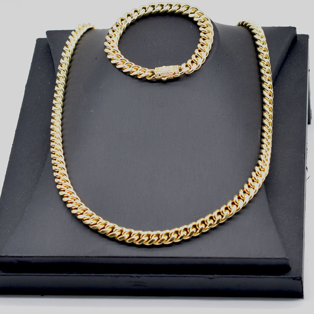 18k Layered Real Gold Plated hip hop cuben link set necklace bracelet icedout lock #187