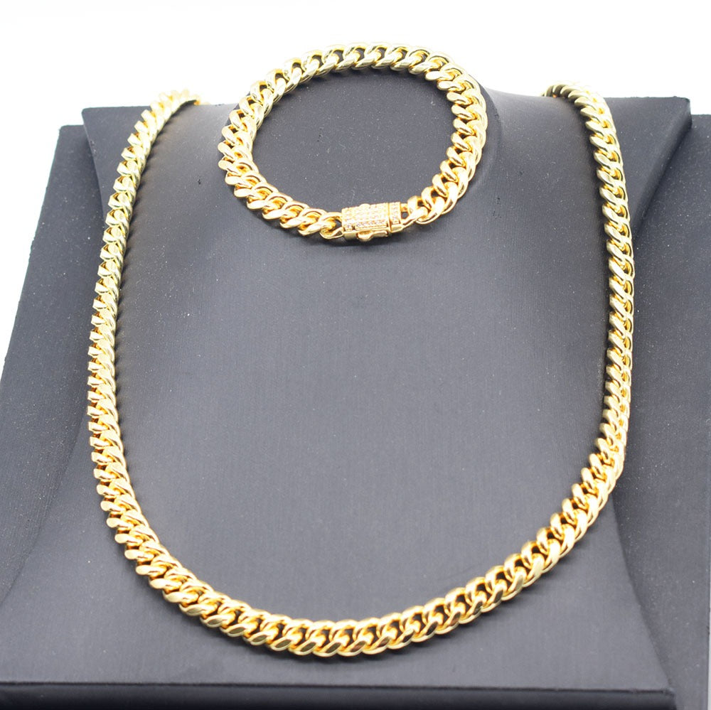 18k Layered Real Gold Plated hip hop cuben link set necklace bracelet icedout lock #187