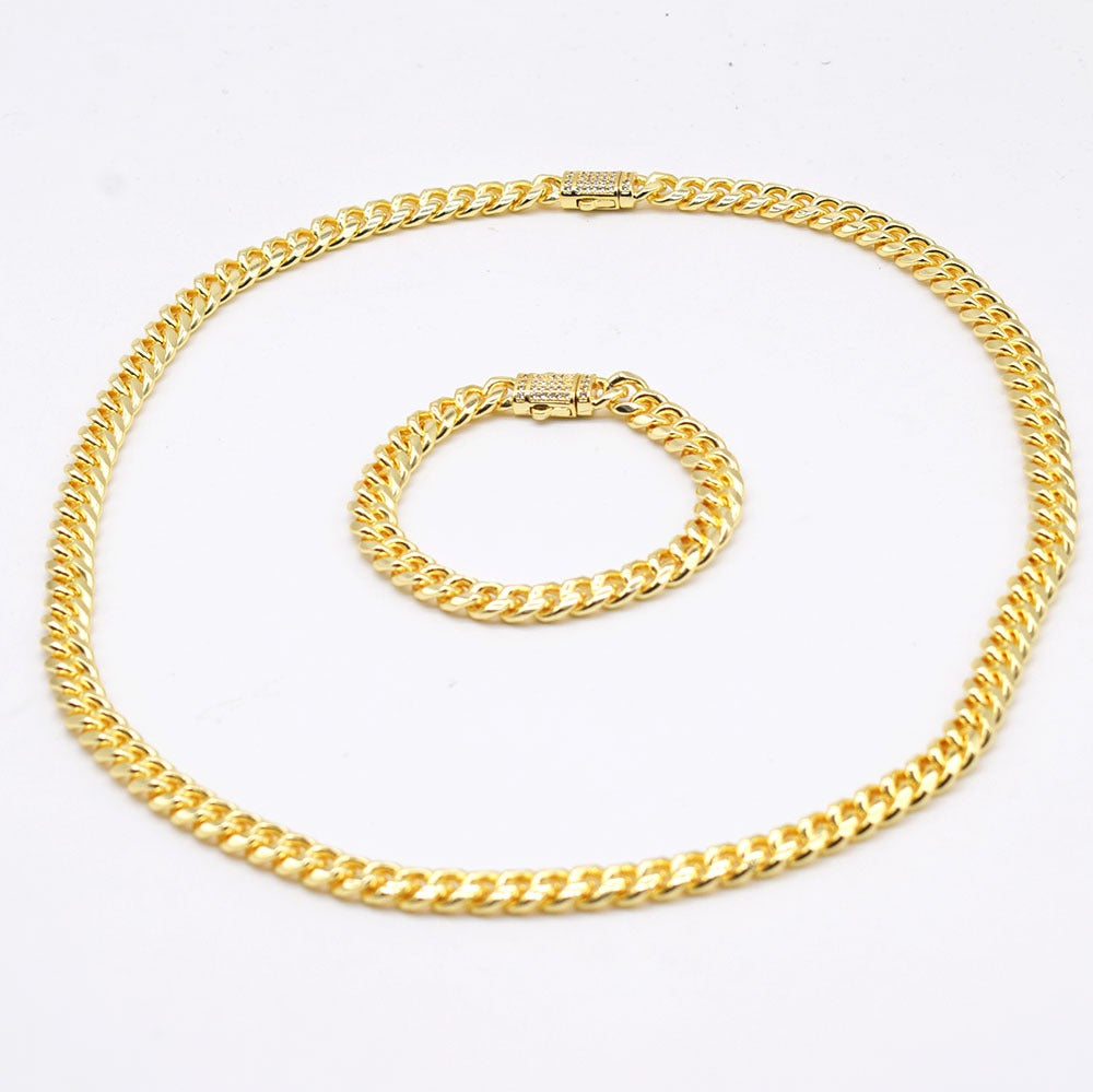 18k Layered Real Gold Plated hip hop cuben link set necklace bracelet icedout lock #187