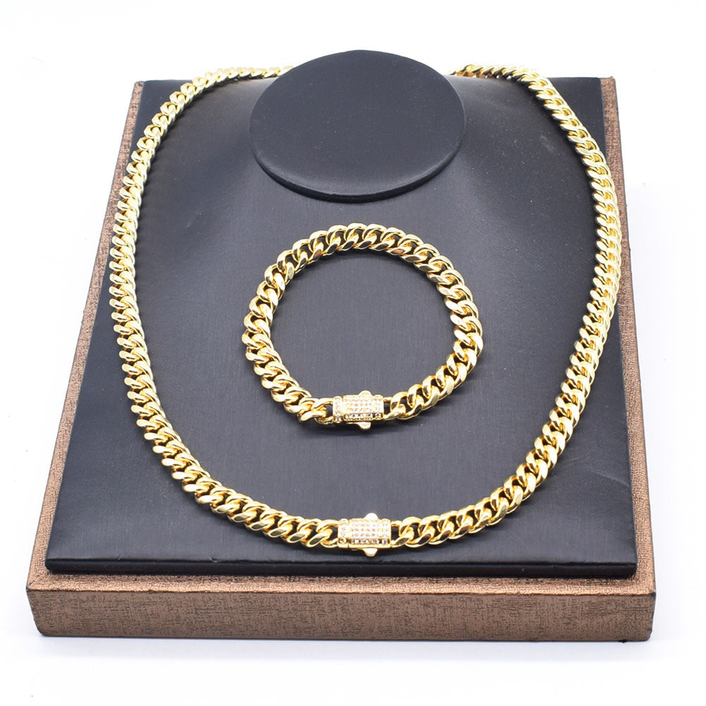 18k Layered Real Gold Plated hip hop cuben link set necklace bracelet icedout lock #187