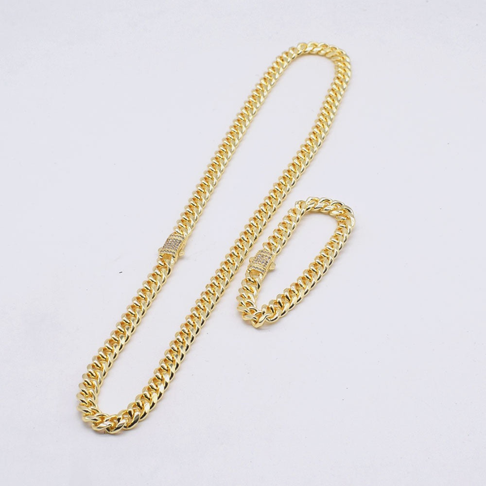 18k Layered Real Gold Plated hip hop cuben link set necklace bracelet icedout lock #187