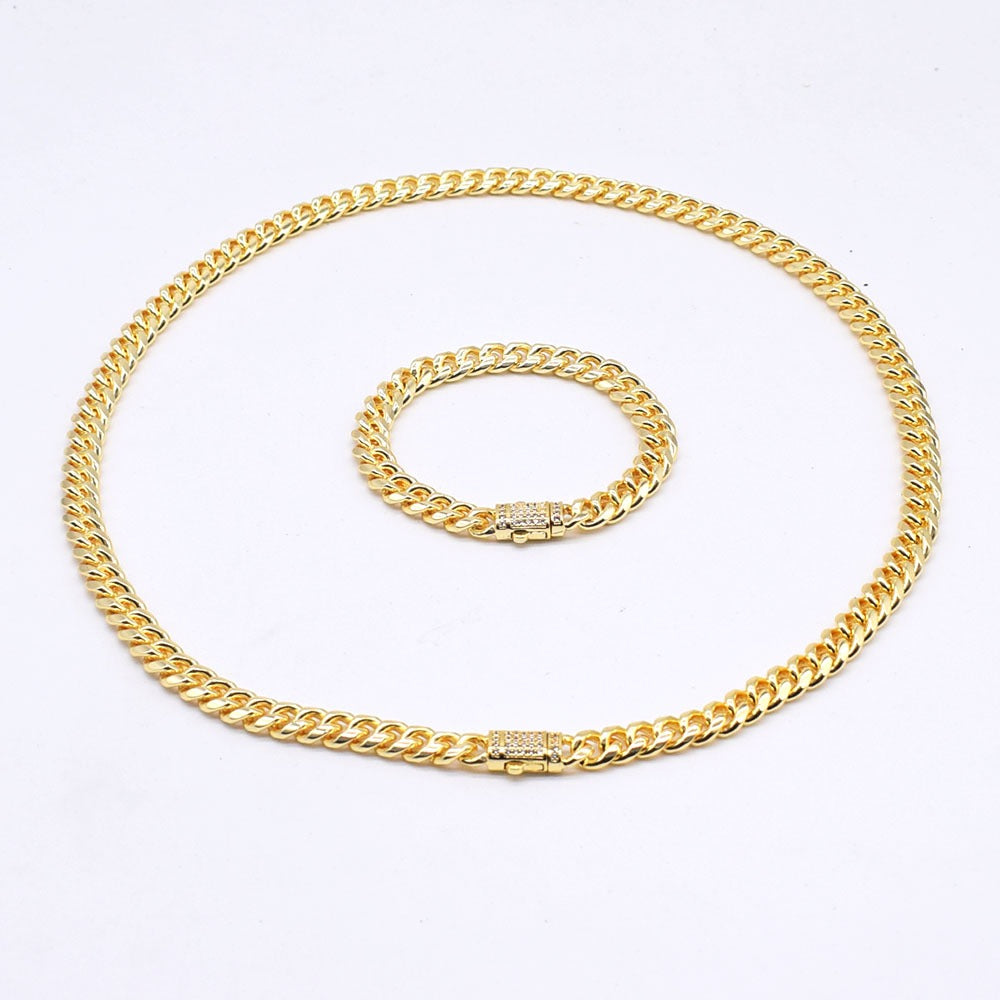 18k Layered Real Gold Plated hip hop cuben link set necklace bracelet icedout lock #187