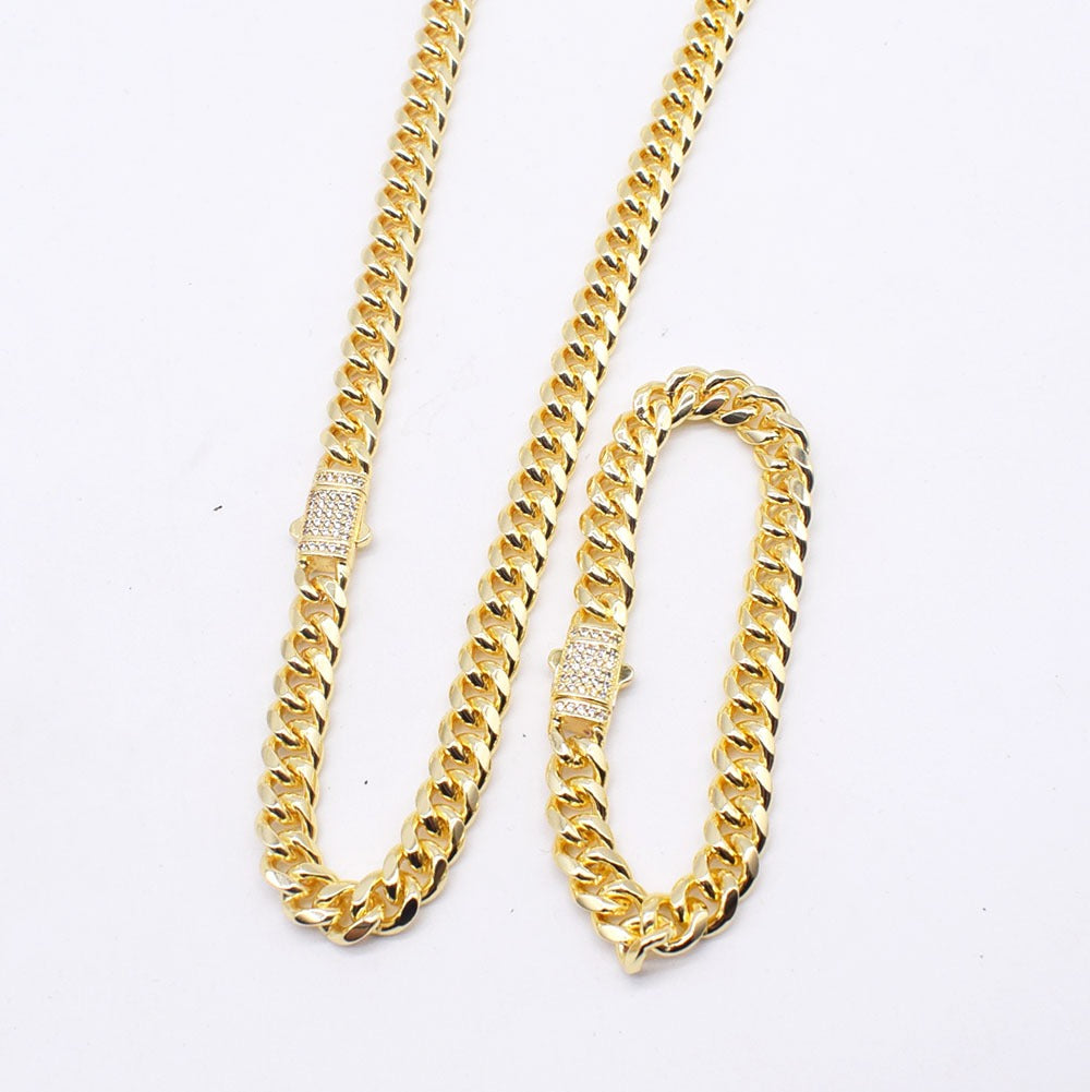 18k Layered Real Gold Plated hip hop cuben link set necklace bracelet icedout lock #187