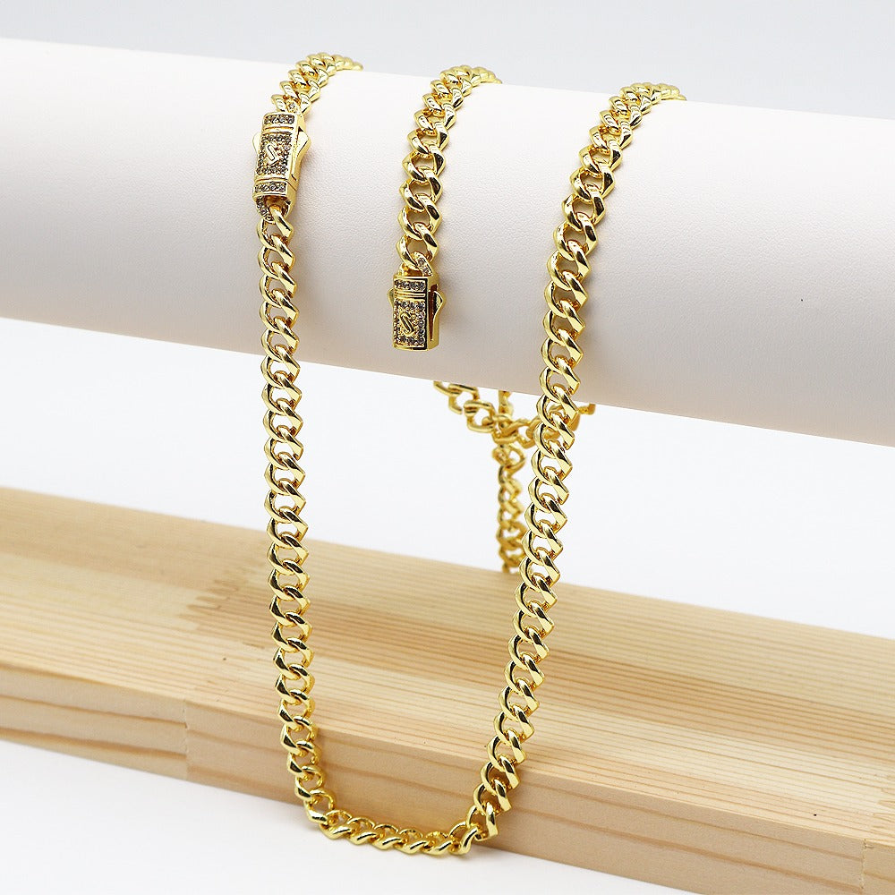 18k Layered Real Gold Plated cuben link set necklace bracelet icedout lock hip hop #188