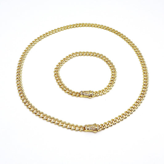 18k Layered Real Gold Plated cuben link set necklace bracelet icedout lock hip hop #188