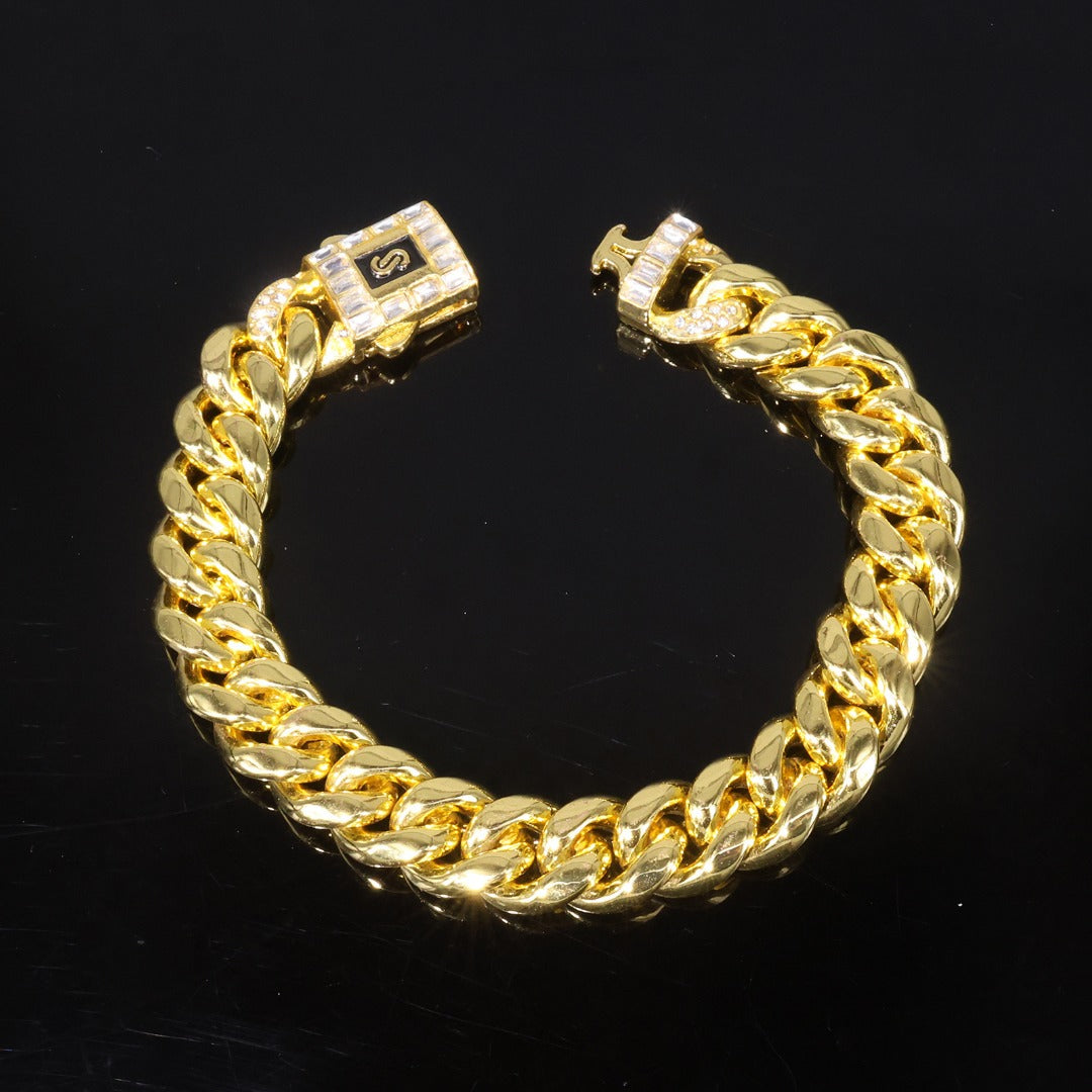 14k Layered Real Gold Plated cuben set necklace bracelet hip icedout