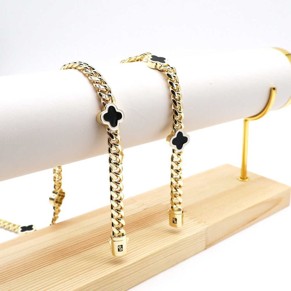 18k Layered Real Gold Plated icedout set close up cuben link with black klef design hip hop #189