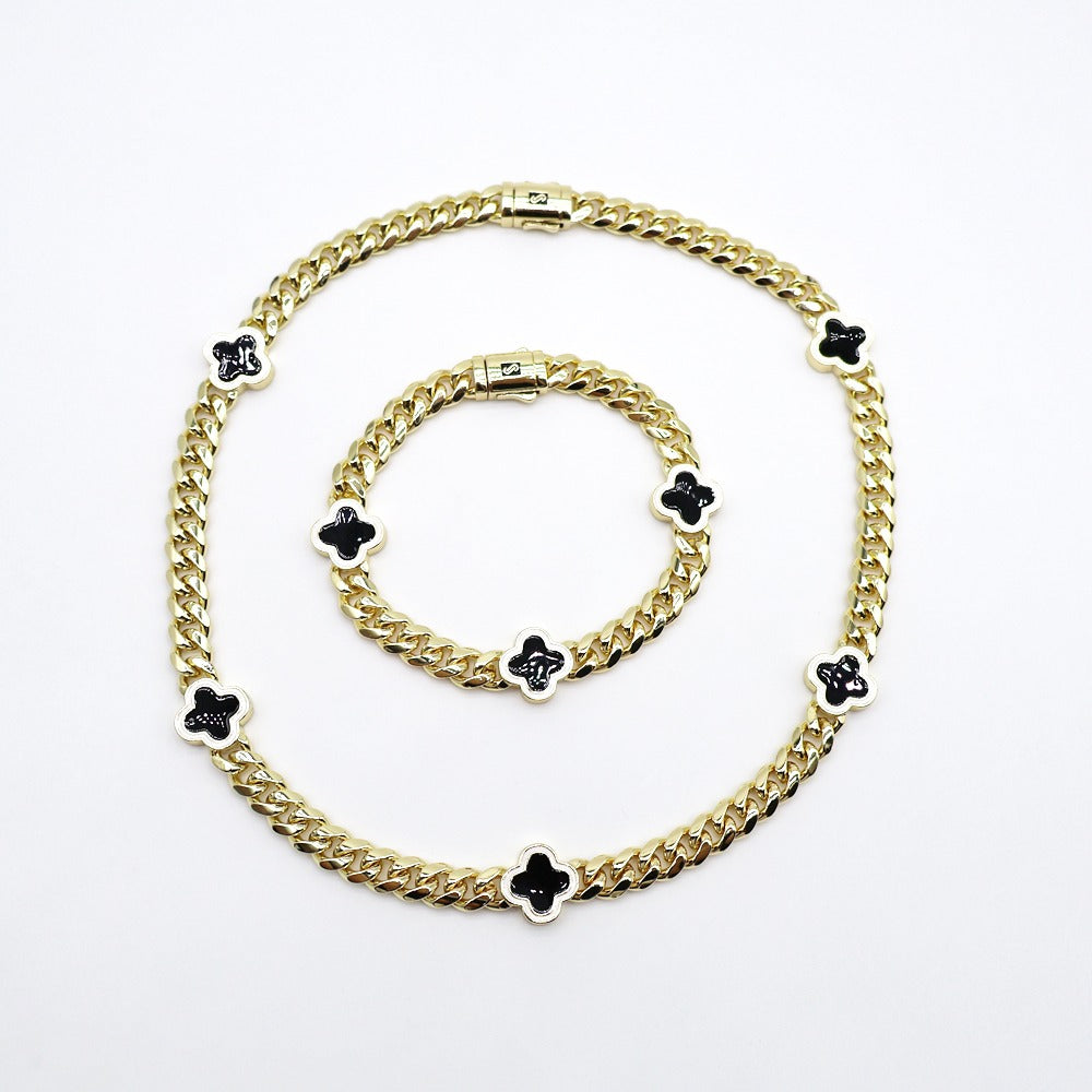 18k Layered Real Gold Plated icedout set close up cuben link with black klef design hip hop #189