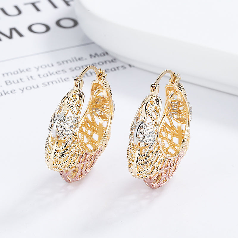 18k Layered real gold Plated tri colors basket hoop earrings #81