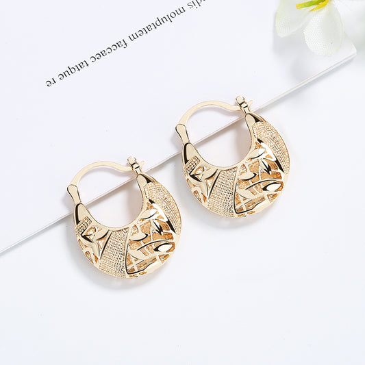 18k Layered real gold Plated Round basket hoop earrings #42