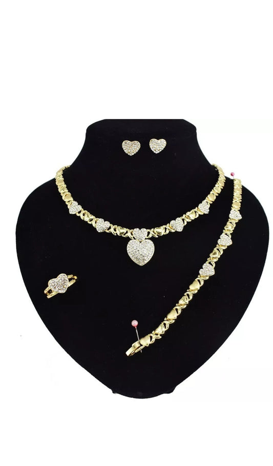 HUGS&KISSES xo set necklace bracelet earrings ring icedout heart Gold Plated #18