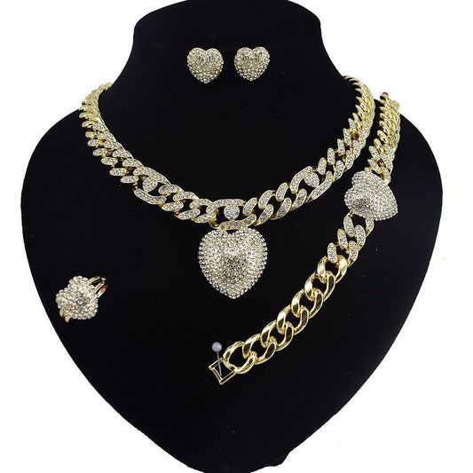 HUGS&KISSES cuben link set icedout hearts necklace bracelet earrings ring gold Plated #41