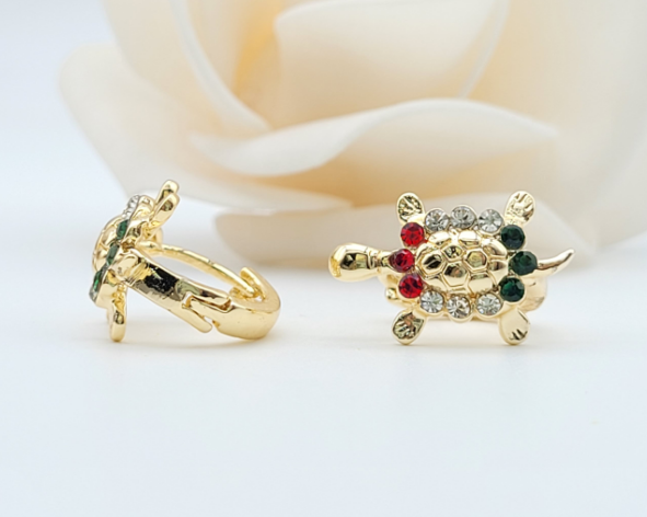 18k Layered Real Gold Filled round turtle huggies earrings colors stone #10