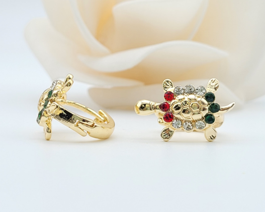 18k Layered Real Gold Filled round turtle huggies earrings colors stone #10