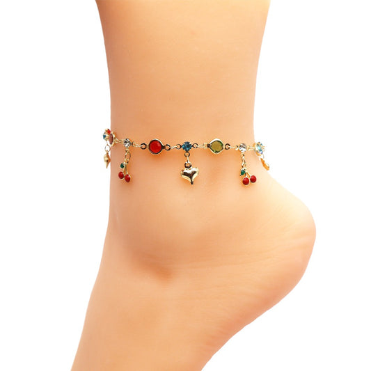 18k Layered Real Gold Plated cherry hearts colors stones anklet bracelet 10 inch #48