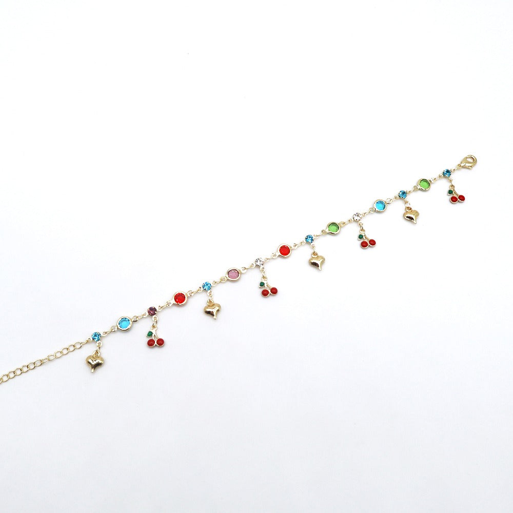 18k Layered Real Gold Plated cherry hearts colors stones anklet bracelet 10 inch #48