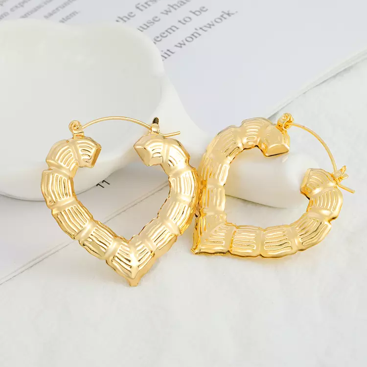 18k Layered Real Gold Filled hearts bamboo hoop earrings #53