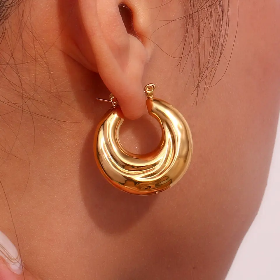 18k Layered real gold filled Round bamboo hoop earrings #8