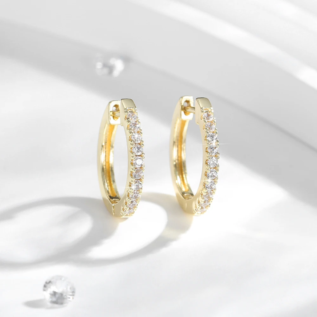 14k Layered Real Gold Plated round huggies earrings pave settings #15