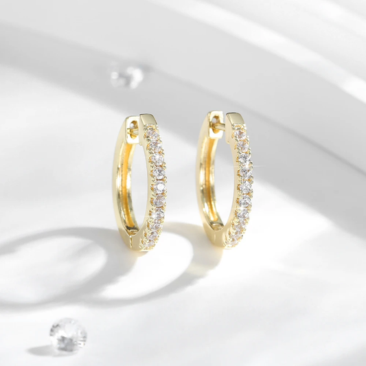 14k Layered Real Gold Plated round huggies earrings pave settings #15