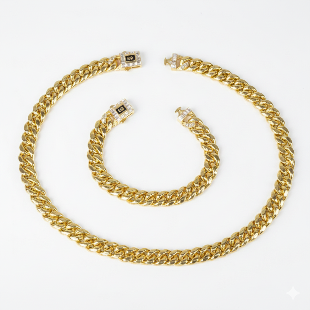 14k Layered Real Gold Plated cuben set necklace bracelet hip icedout