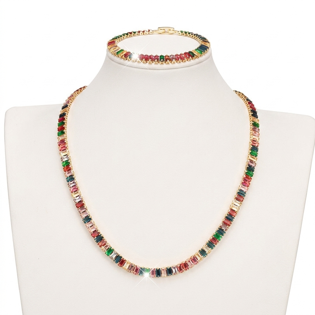 18k Layered Real Gold Filled baguette tennis Set rainbow colors #160