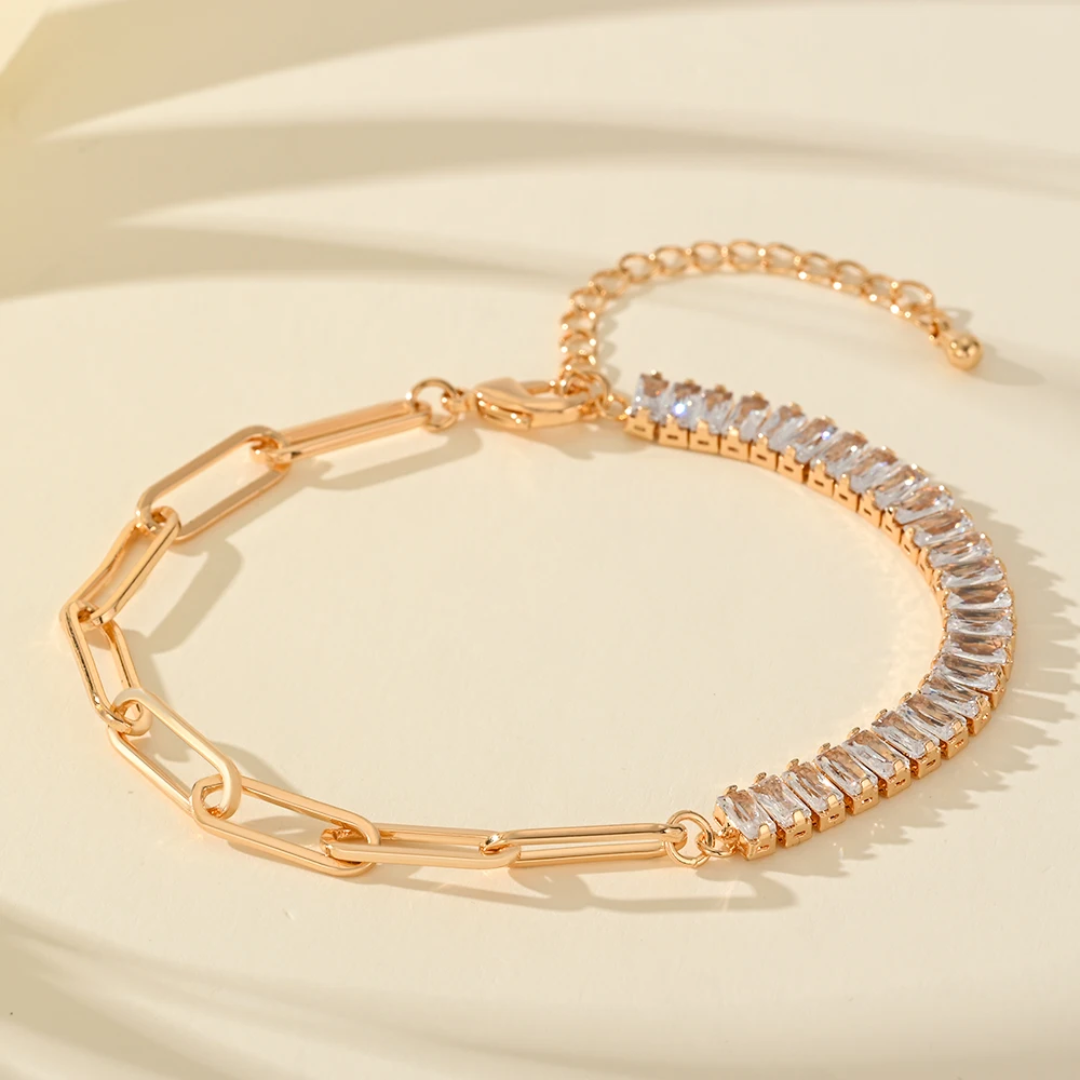 14k Layered Real Gold Plated link tennis bracelet baguette settings #29