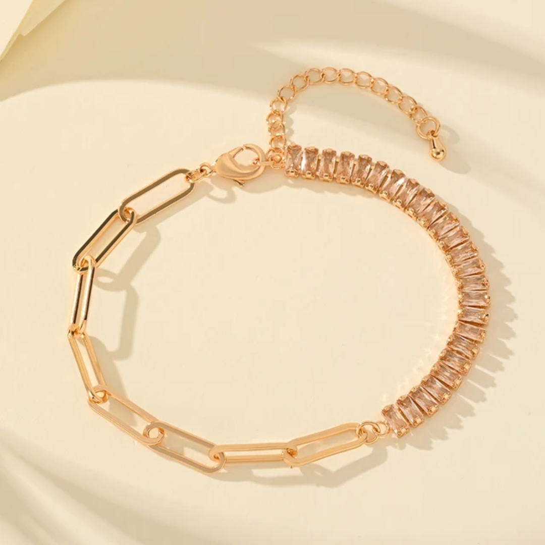 14k Layered Real Gold Plated link tennis bracelet baguette settings #29