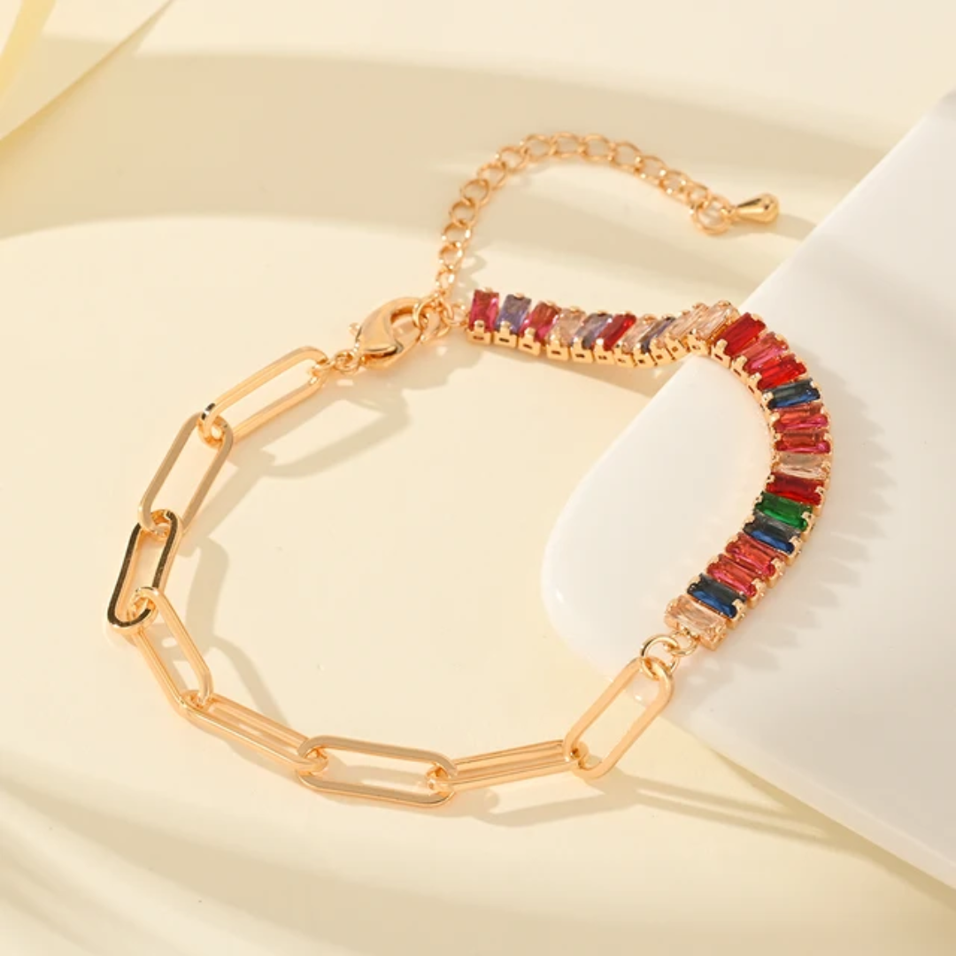 14k Layered Real Gold Plated link tennis bracelet baguette settings #29
