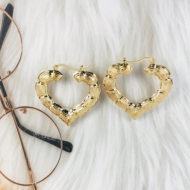 18k Layered Real Gold Filled hearts bamboo hoop earrings #53