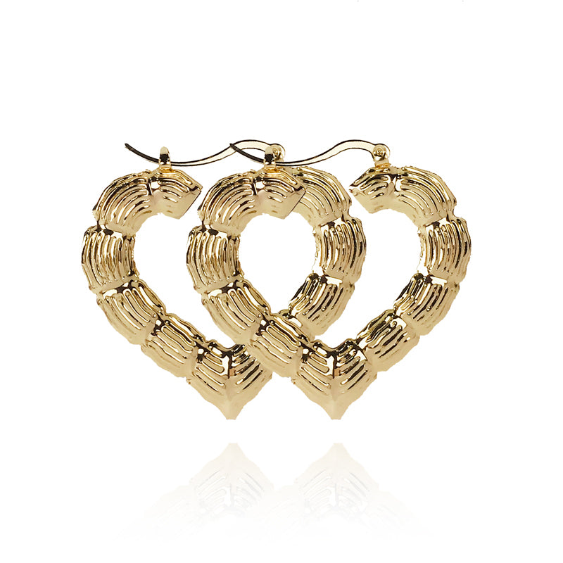 18k Layered Real Gold Filled hearts bamboo hoop earrings #53