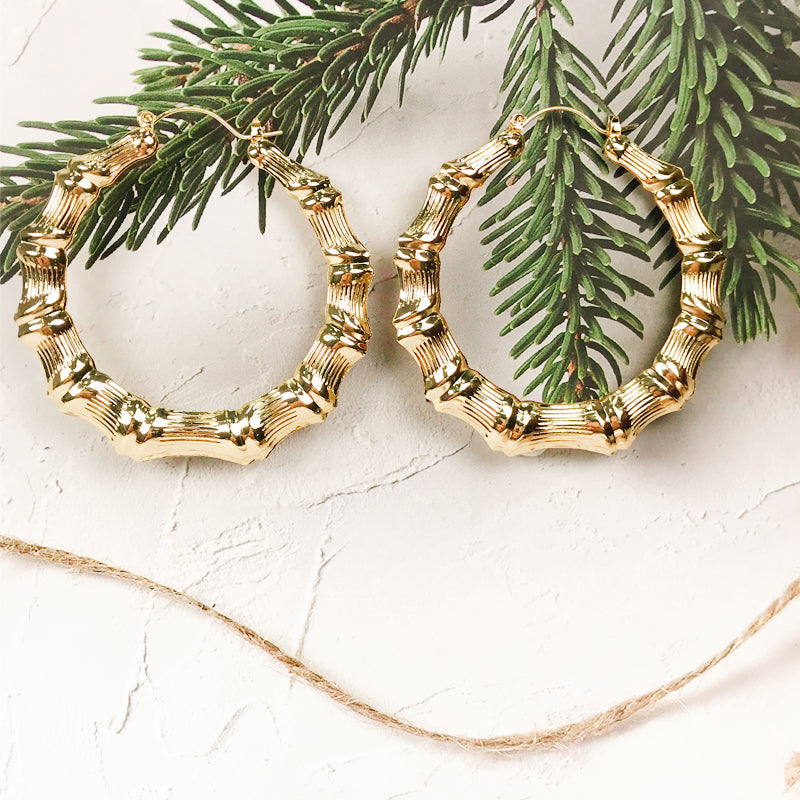 18k Layered Real Gold Filled round bamboo hoop earrings #11