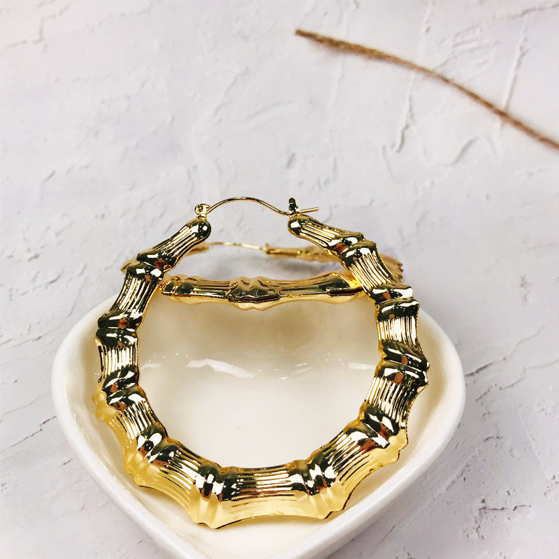 18k Layered Real Gold Filled round bamboo hoop earrings #11