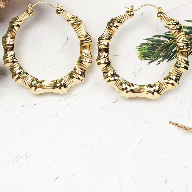 18k Layered Real Gold Filled round bamboo hoop earrings #11