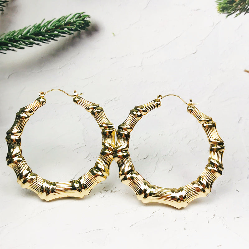 18k Layered Real Gold Filled round bamboo hoop earrings #11