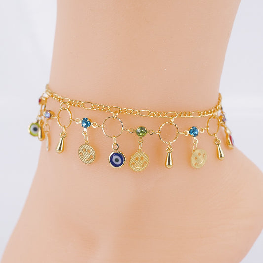 18k Layered real gold Plated smiley face EVIL eyes anklet bracelet #26