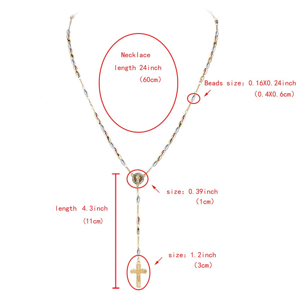 18k Layered real gold filled religious rosary necklace tri colors cross #5