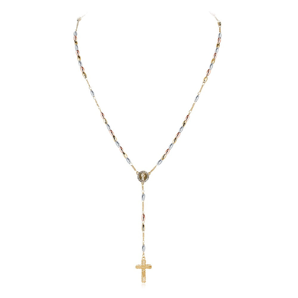 18k Layered real gold filled religious rosary necklace tri colors cross #5