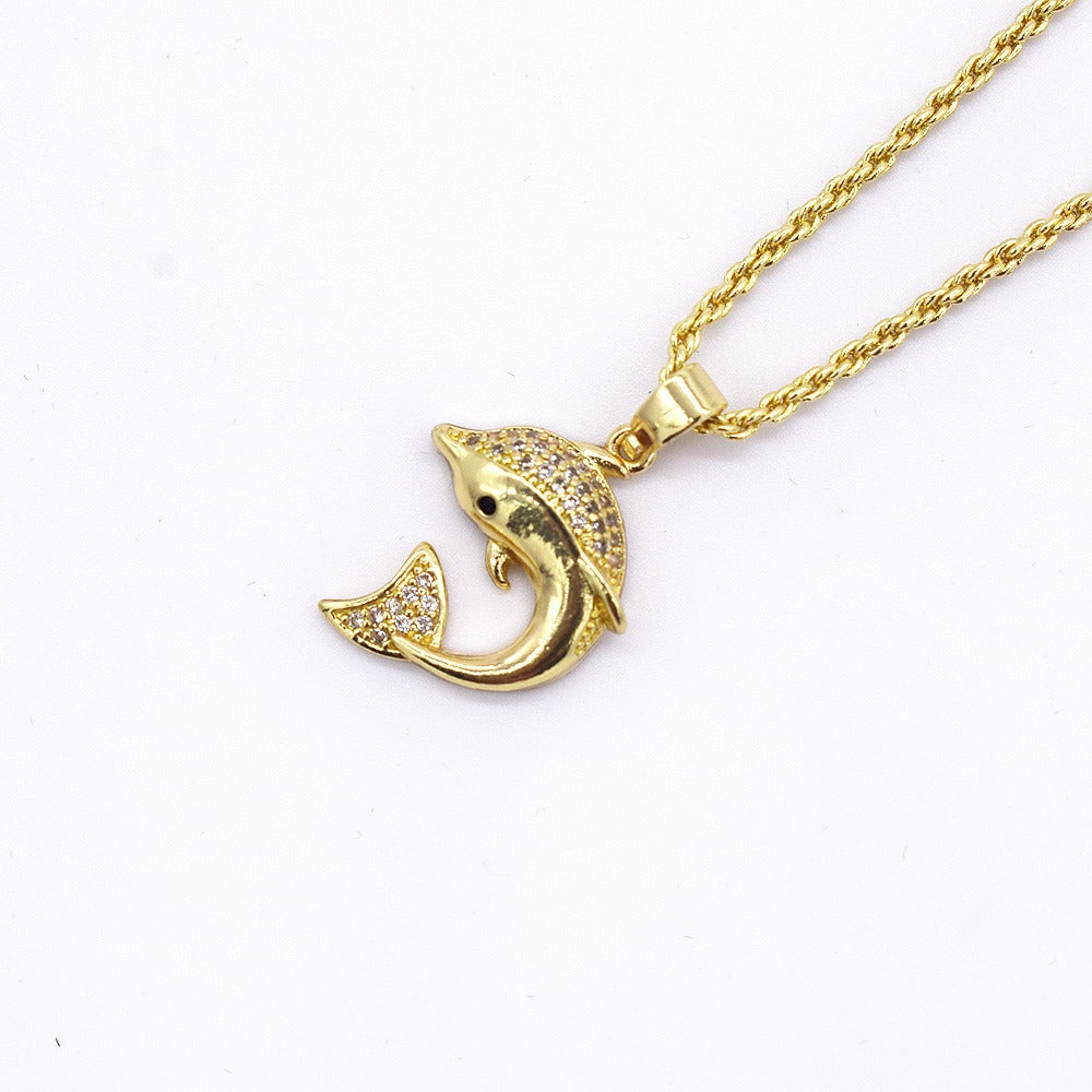 18k Layered Real Gold Filled dolphin pendant charm with 18" necklace chain #14