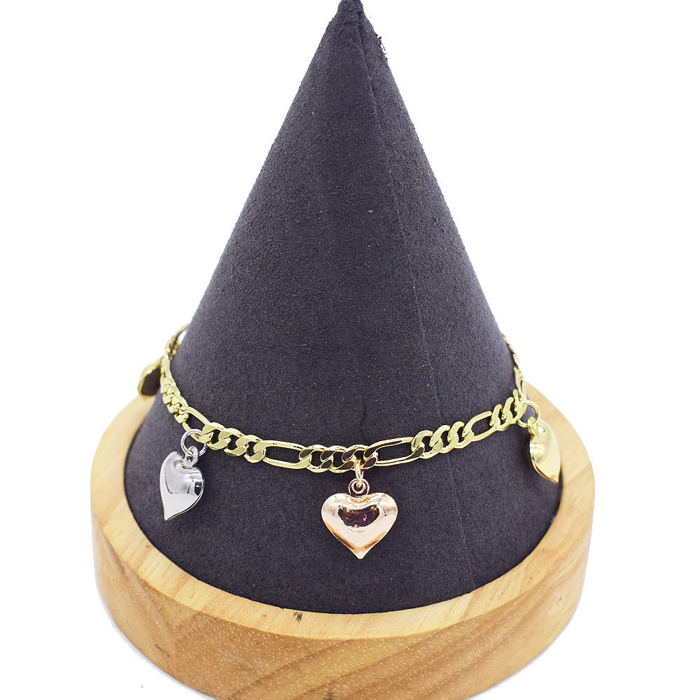 18k Layered real gold Plated tri colors hearts anklet bracelet #25