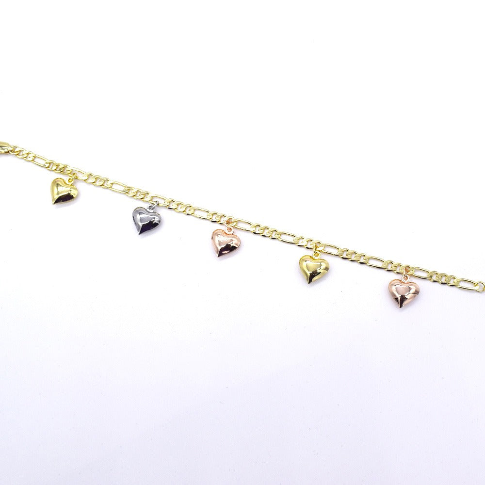 18k Layered real gold Plated tri colors hearts anklet bracelet #25