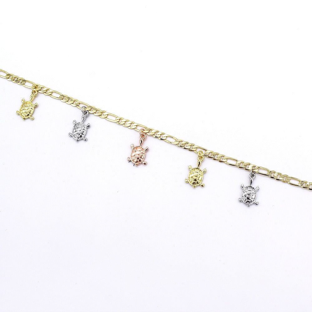 18k Layered real gold Plated Figaro links tri colors turtles anklet bracelet #10