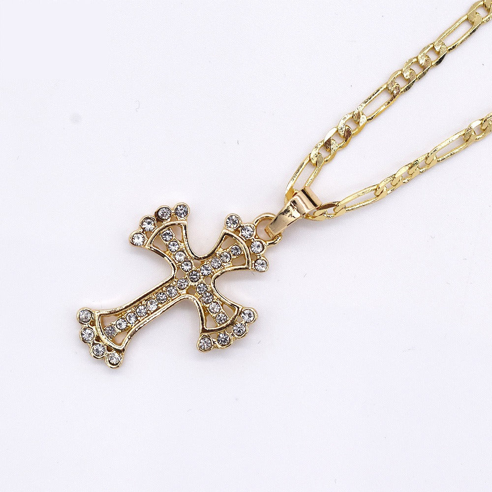 18k Layered Real Gold Filled Icedout cross charm pendant with 24" necklace chain #24