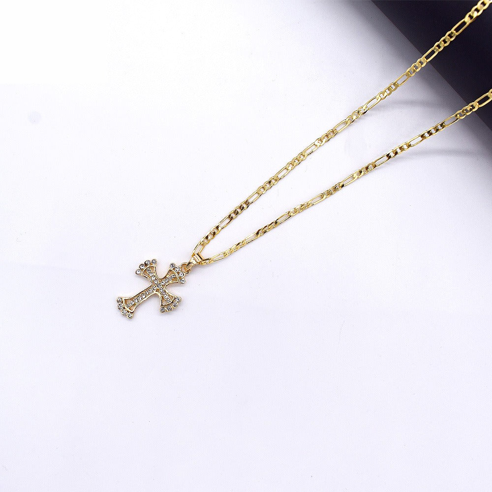 18k Layered Real Gold Filled Icedout cross charm pendant with 24" necklace chain #24