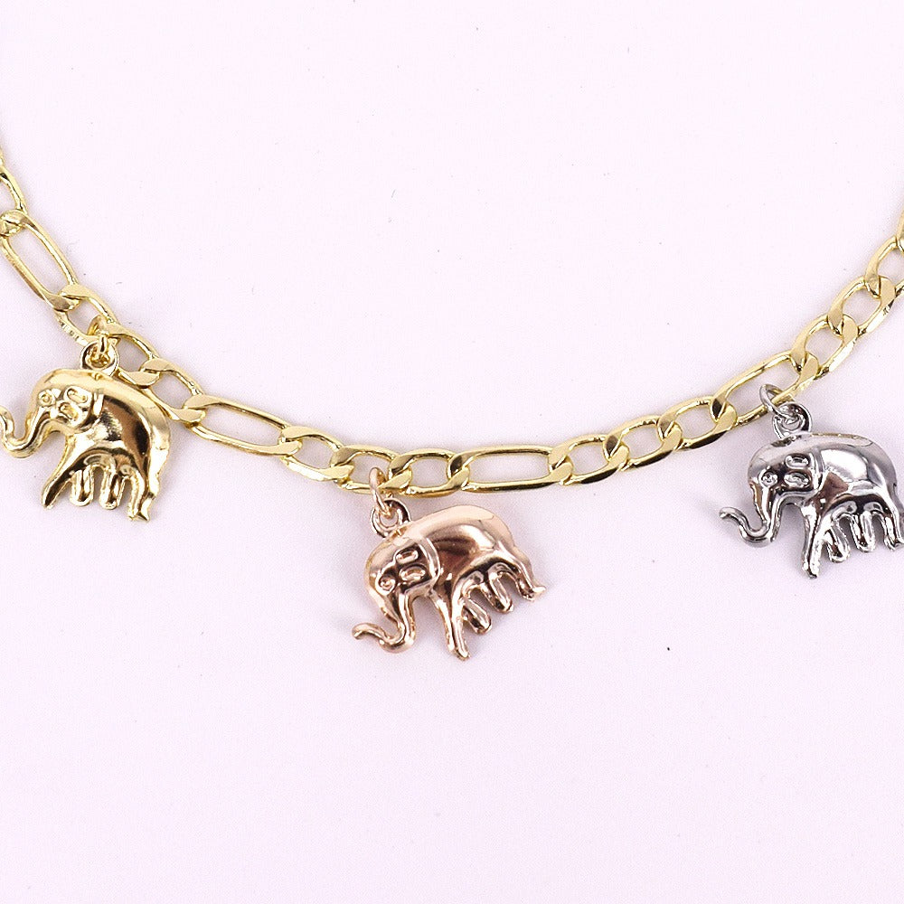 18k Layered real gold Plated tri colors elephants anklet bracelet #18