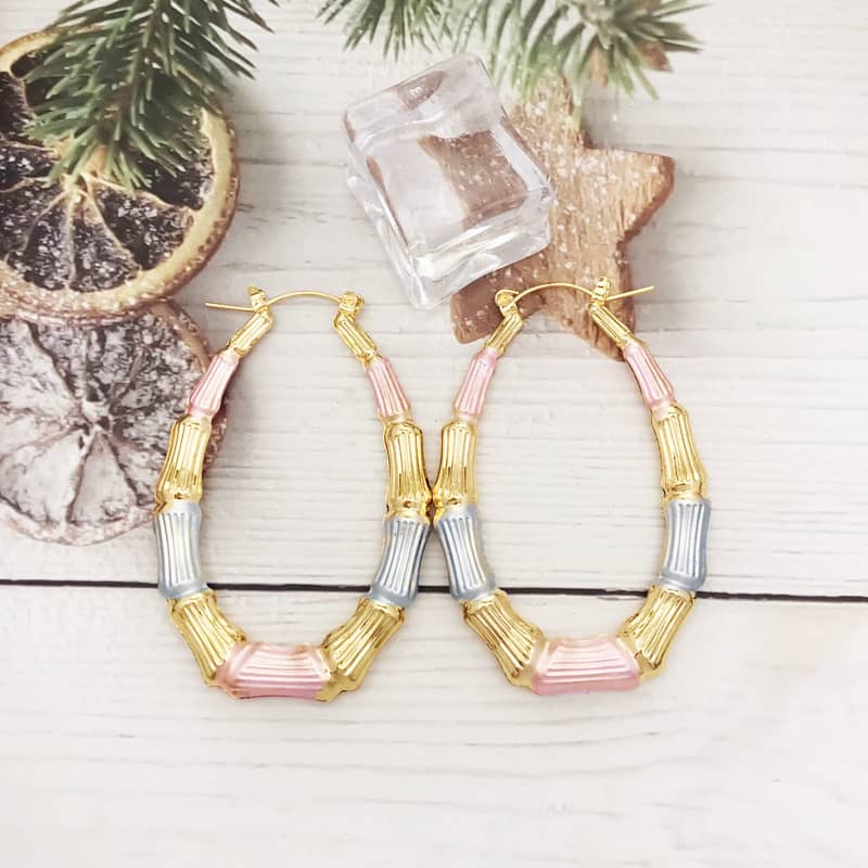 18k Layered Real Gold Filled oval bamboo hoop earrings tri colors #68