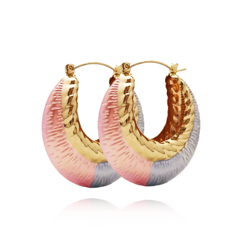 18k Layered Real Gold Filled round bamboo hoop earrings tri colors #67