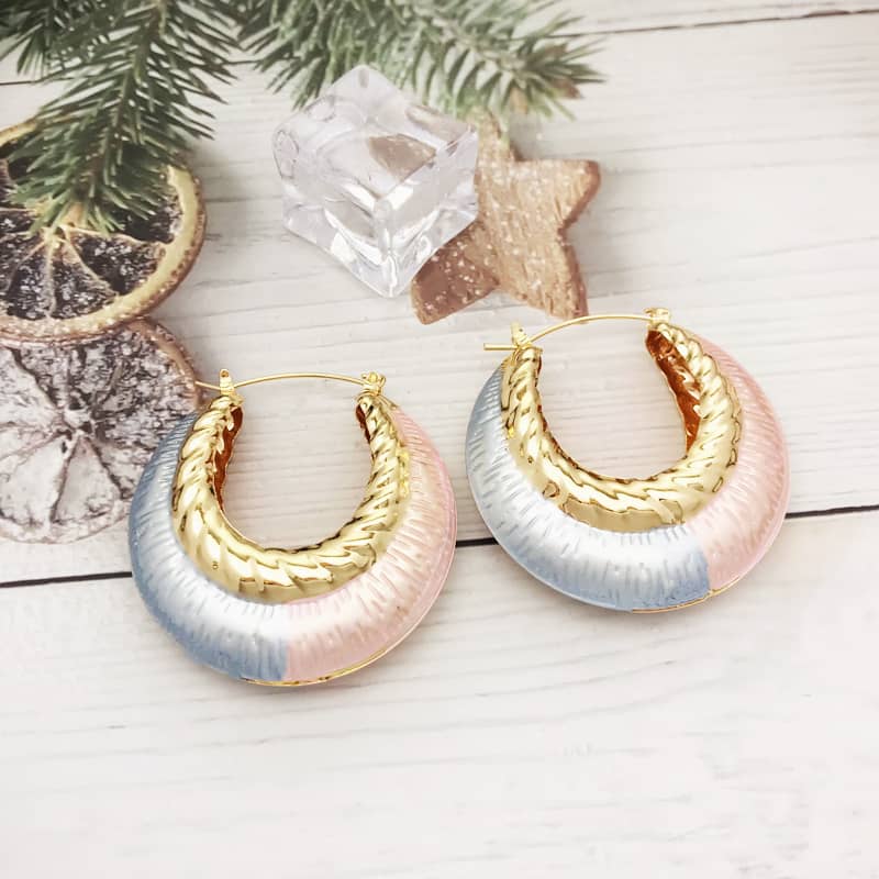 18k Layered Real Gold Filled round bamboo hoop earrings tri colors #67