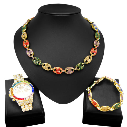 Hip hop set icedout puff mariner necklace bracelet colors stones watch gold Plated #8